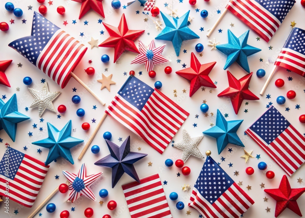Obraz premium Vibrant American flag decorations scattered on a white background, featuring stars, stripes, and patriotic elements, perfect for celebrating Independence Day in a festive flat lay composition.