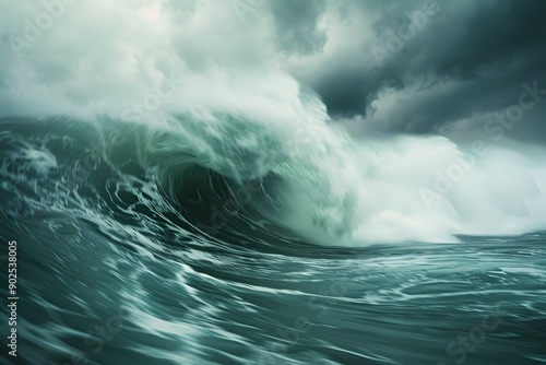 A dramatic ocean wave crashing under dark stormy skies.