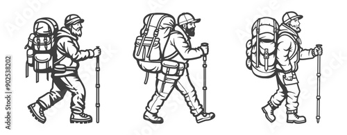 set of Illustration of Isolated Mountaineer Cartoon on White Background ,generative ai