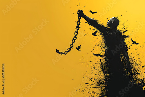 hand breaking free from chains. Chain turns to birds. 3D Rendering