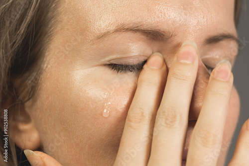 Crying female eye. Tears on the woman's cheeks, close up. Sadness anxiety, trouble, life difficulties, depression.