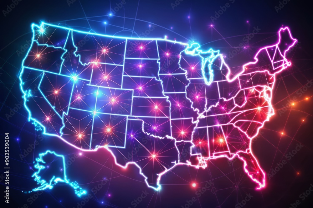 Vibrant digital map of the United States glows with neon lights ...
