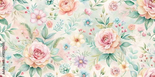 Wallpaper Mural Soft, dreamy pastel hues blend with delicate watercolor florals in a seamless repeating pattern, creating a whimsical and romantic digital paper design. Torontodigital.ca