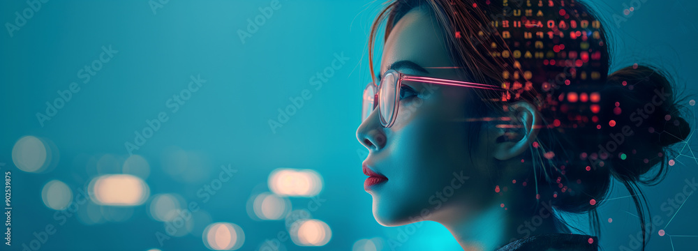 A digital illustration of an Asian woman's face, with blurred images of advanced technology such as circuit boards and graphs on her face A digital illustration of an Asian woman's face, with blurred images of advanced technology such as circuit boards and graphs on her face