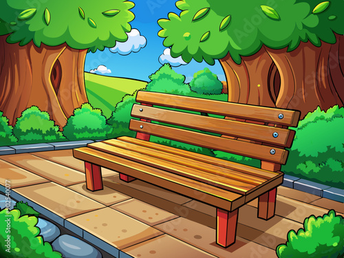 Cartoon vector illustration of wooden bench in the garden and park, trees and grass, landscape background