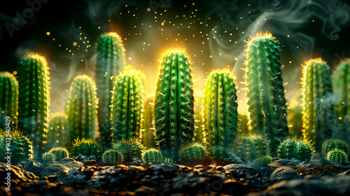 A bunch of cacti are in a field with smoke in the background. The cacti are tall and green, and the smoke is coming from a fire. Scene is one of solitude and isolation