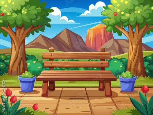 Cartoon vector illustration of wooden bench in the garden and park, trees and grass, landscape background