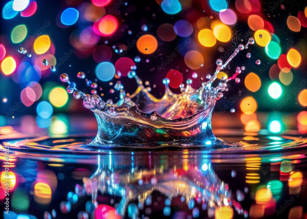 Obraz premium Vibrant abstract water splash against a dark background, bursting with colorful droplets, radiant bokeh lights, and dynamic ripples, evoking a sense of energetic fluidity.
