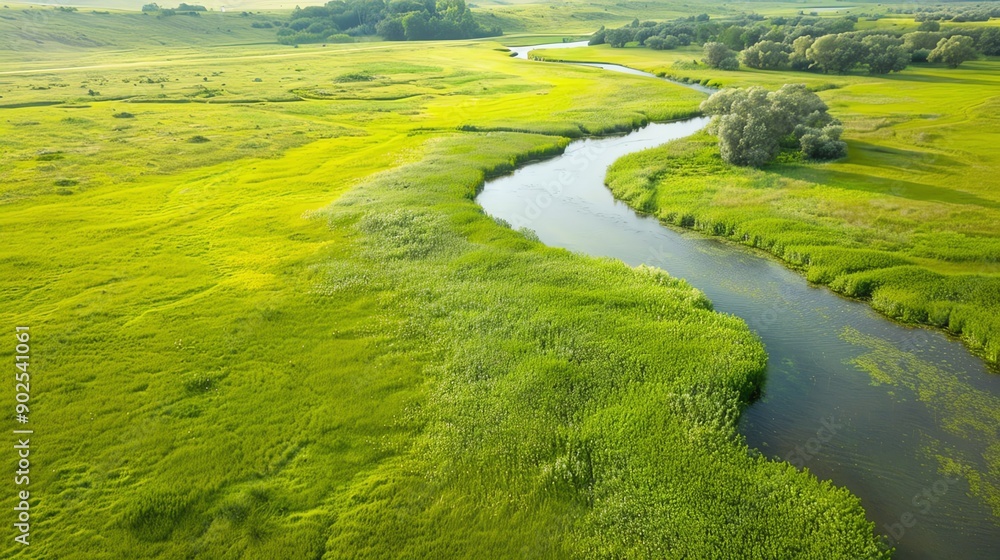 A serene aerial view of a winding river through lush green fields and meadows under a clear blue sky. A serene aerial view of a winding river through lush green fields and meadows under a clear blue sky.