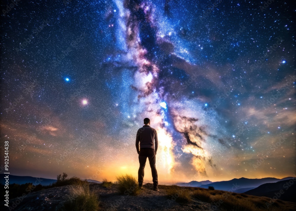 Fototapeta premium Man Standing Under night sky and stars shine in backgrounds.