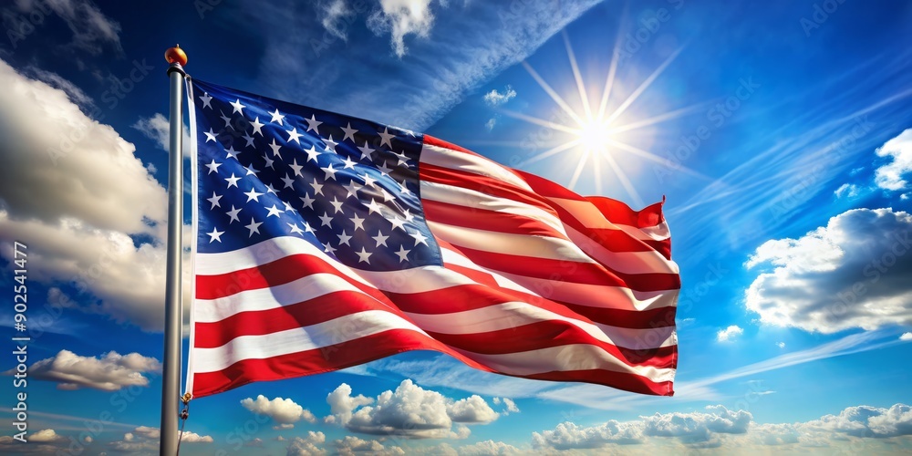 Fototapeta premium Patriotic American flag waving proudly against a bright blue sky, perfect for Veterans Day, Memorial Day, 4th of July and Independence Day celebrations and sales promotions.