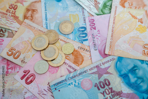 Various Turkish Lira Banknotes And Coins.  Turkish Money