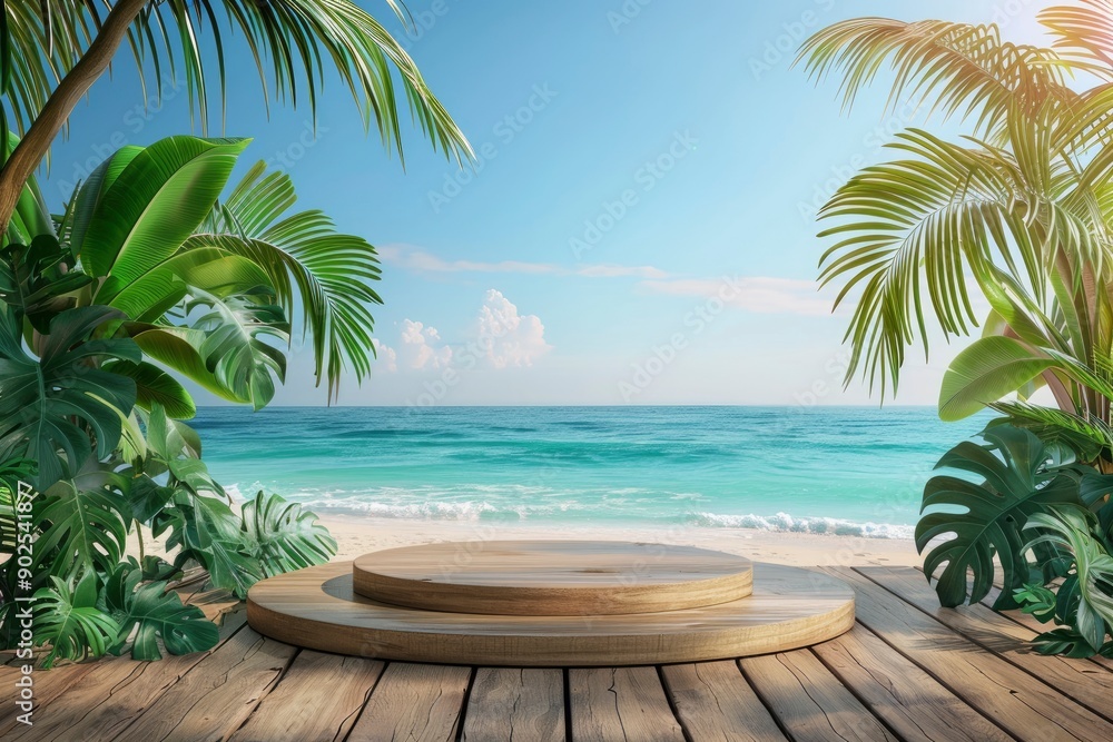 Summer product display on wooden podium at sea tropical beach with generative ai Summer product display on wooden podium at sea tropical beach with generative ai