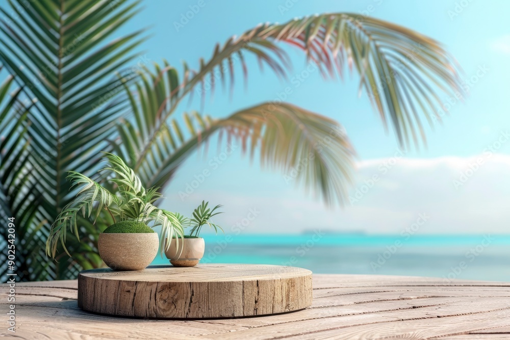 Summer product display on wooden podium at sea tropical beach with generative ai Summer product display on wooden podium at sea tropical beach with generative ai