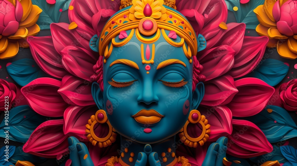 Lakshmi, Hindu goddess of wealth, adorned in gold, eyes closed, surrounded by pink and blue flowers Lakshmi, Hindu goddess of wealth, adorned in gold, eyes closed, surrounded by pink and blue flowers