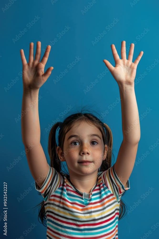 A young girl raises her hands in excitement, conveying joy and enthusiasm A young girl raises her hands in excitement, conveying joy and enthusiasm