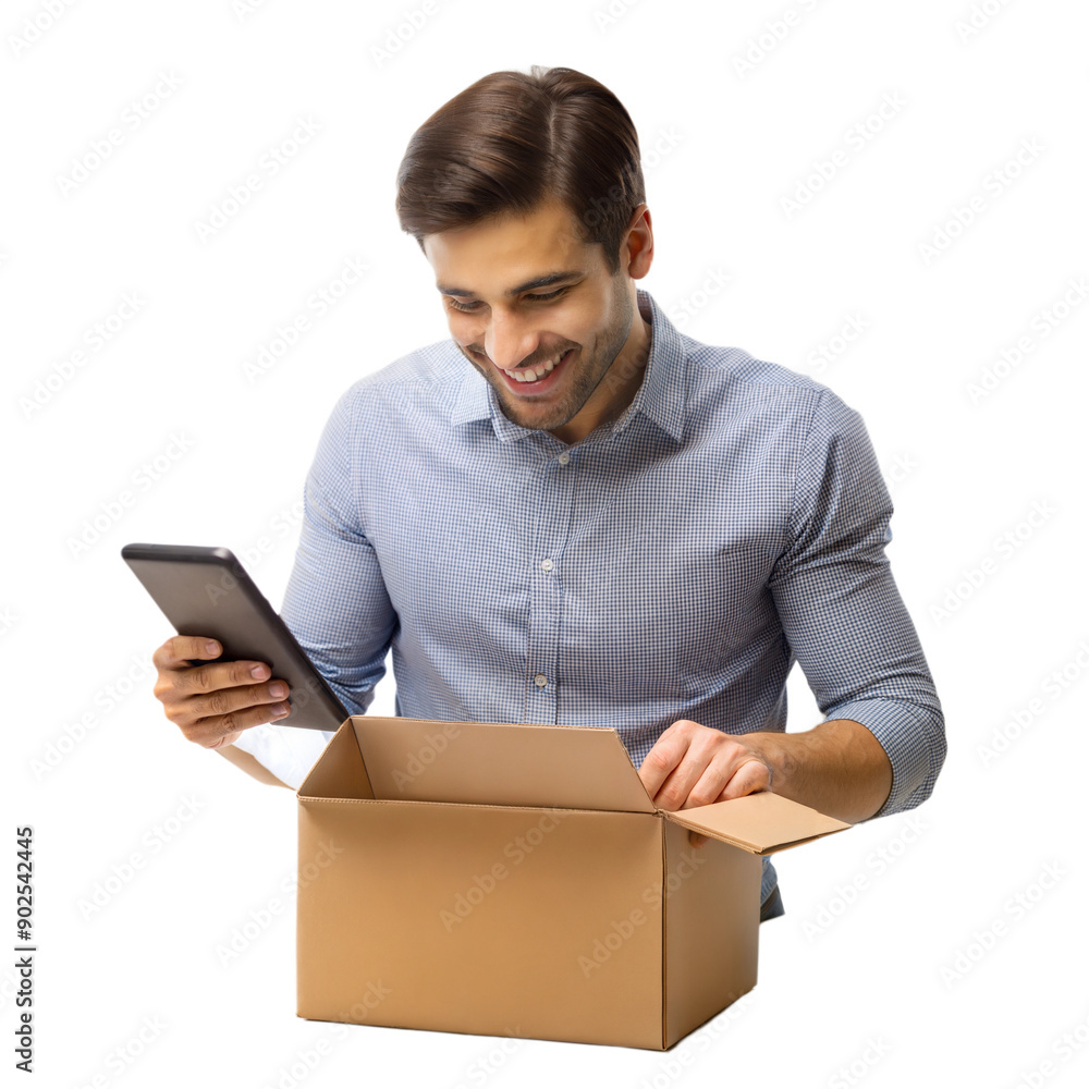 Man opening box with excitement, receiving a package delivery Man opening box with excitement, receiving a package delivery