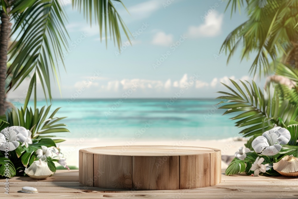 Fototapeta premium Summer product display on wooden podium at sea tropical beach with generative ai