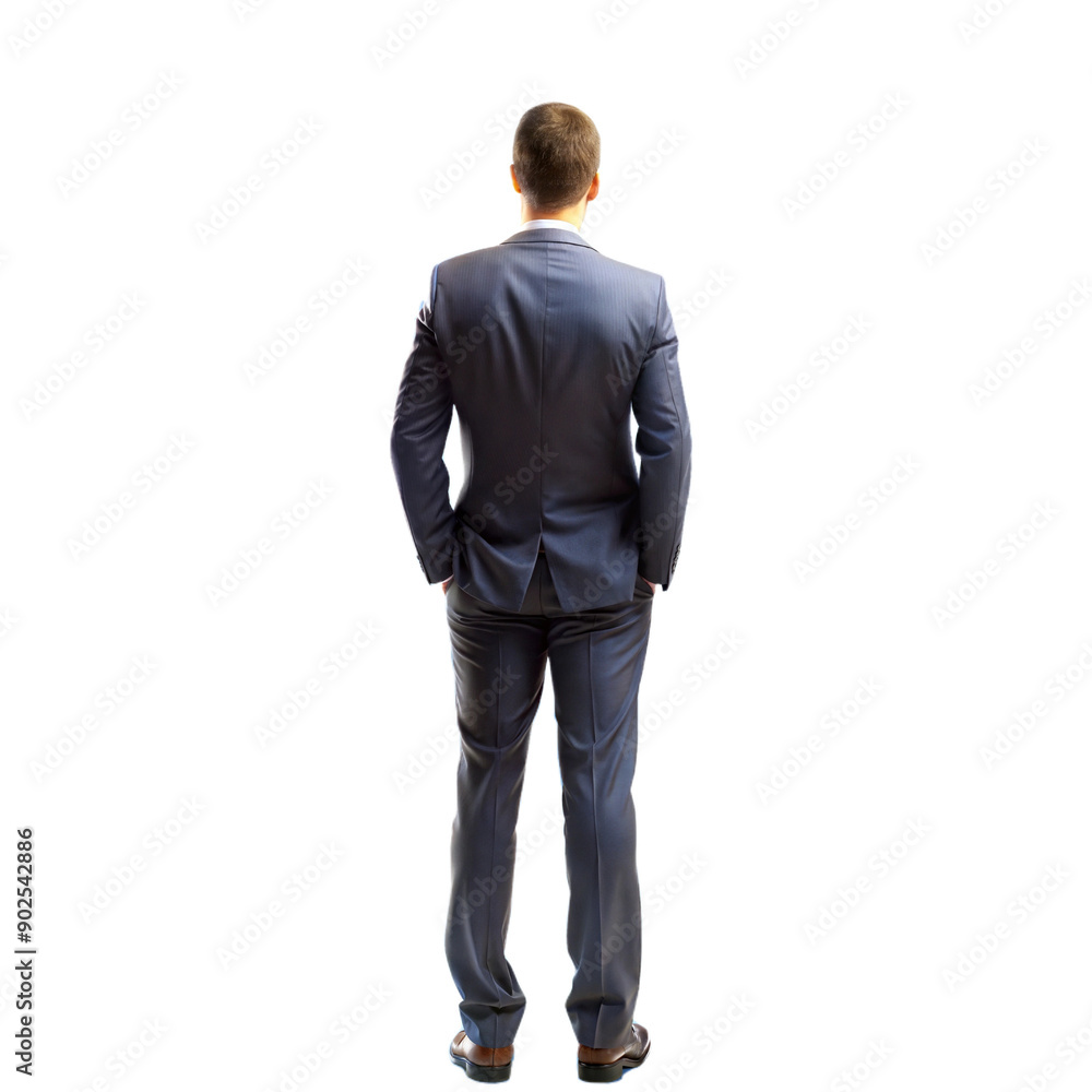 Rear view of businessman in suit standing against white background, emphasizing formal attire and professional demeanor Rear view of businessman in suit standing against white background, emphasizing formal attire and professional demeanor