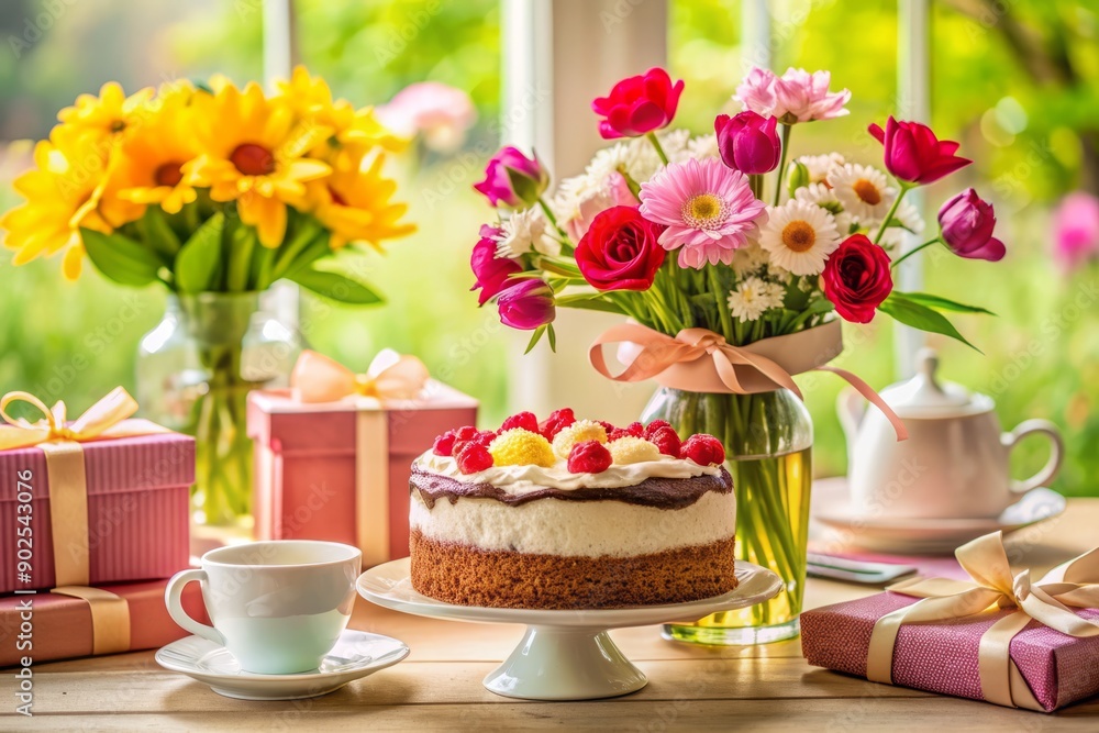 A beautifully decorated table setting with a delicious cake, flowers, and thoughtful gifts, exuding warmth and happiness, perfect for celebrating Mother's Day. A beautifully decorated table setting with a delicious cake, flowers, and thoughtful gifts, exuding warmth and happiness, perfect for celebrating Mother's Day.