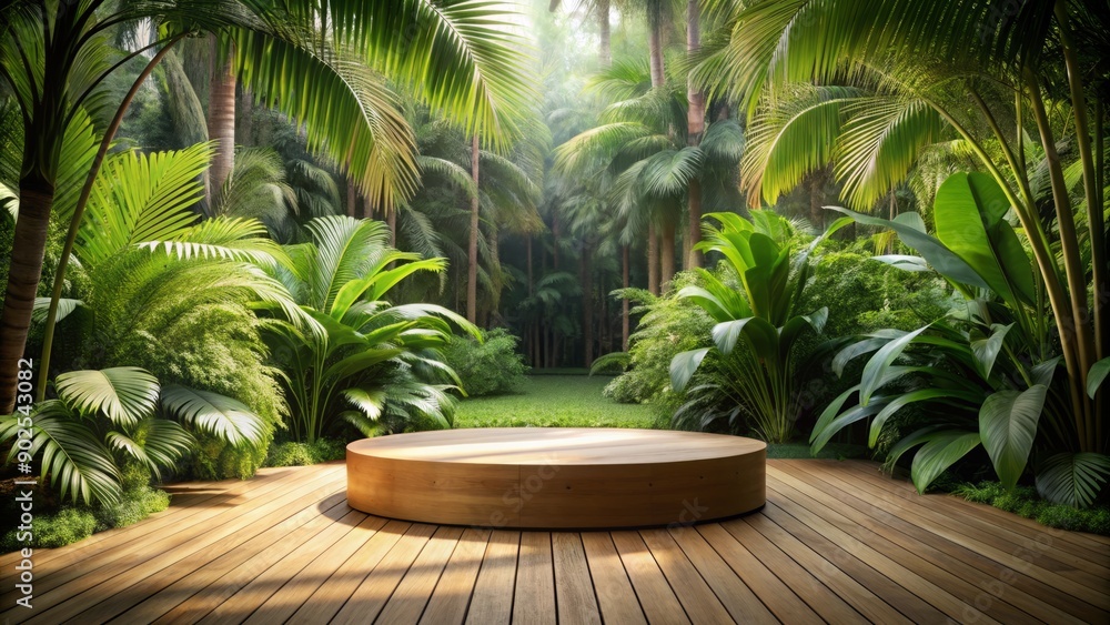 Wooden circular podium in a tropical forest with a pristine natural atmosphere. ropical plants and palm trees, a platform for product demonstrations Wooden circular podium in a tropical forest with a pristine natural atmosphere. ropical plants and palm trees, a platform for product demonstrations