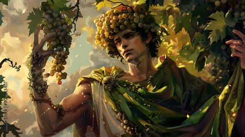 Greek god and goddess Dionysus illustration, Dionysus is the god of the grape-harvest, winemaking and wine, of fertility, ritual madness, religious ecstasy, and theatre in ancient Greek religion