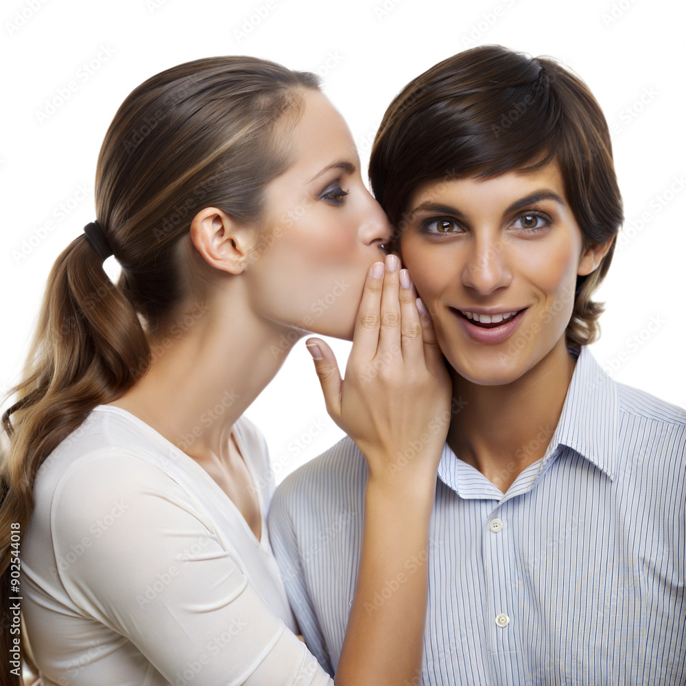 Woman whispering in man's ear, highlighting concept of gossip or secret communication Woman whispering in man's ear, highlighting concept of gossip or secret communication