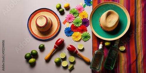 Mexican Fiesta Flat Lay with Sombrero, Maracas, Lime, and Colorful Elements