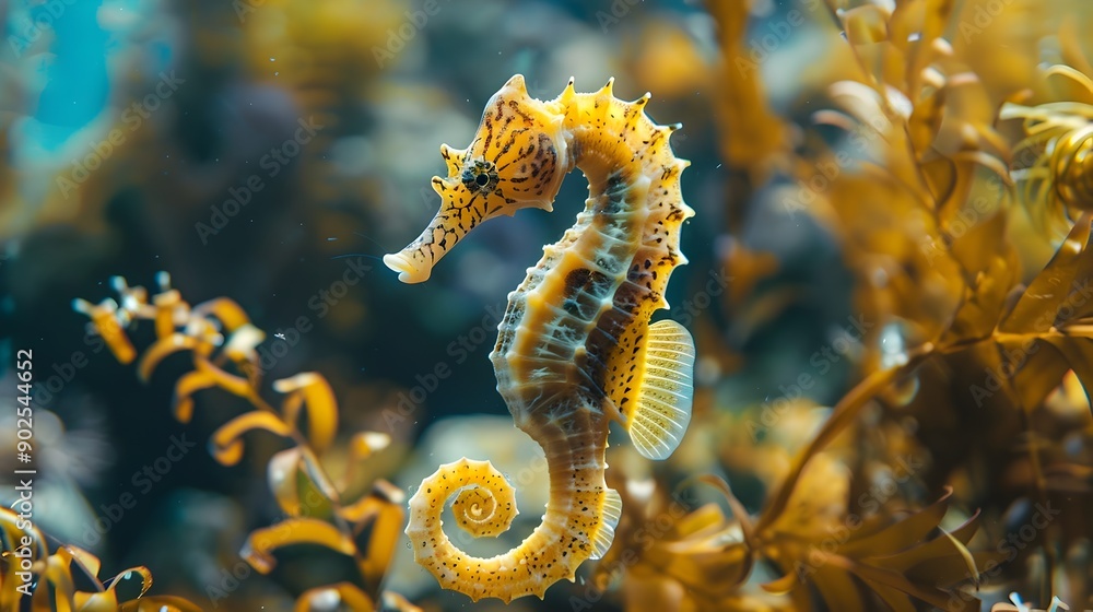 Elegant Seahorse Clinging to Vibrant Seaweed in Calm Shallow Sea Elegant Seahorse Clinging to Vibrant Seaweed in Calm Shallow Sea