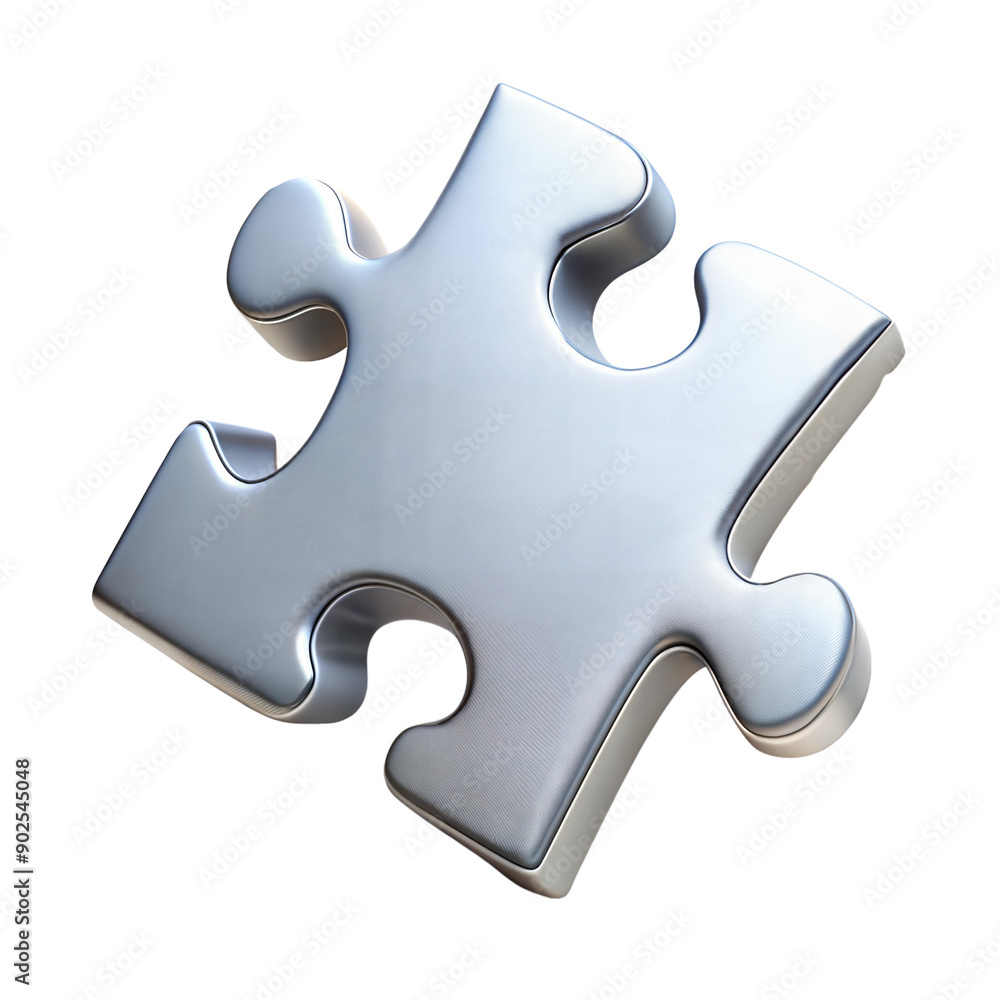 Metallic puzzle piece isolated on white background, representing problem solving and teamwork Metallic puzzle piece isolated on white background, representing problem solving and teamwork