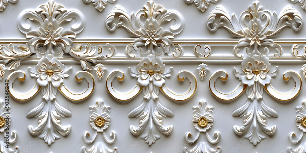 Seamless 3D elements of White and Golden luxury design Baroque Classical Relief Panel on Wall. Refined Gothic-inspired Stucco Molding With Floral Motifs. A Marble Carving in Late Ottoman Style. Seamless 3D elements of White and Golden luxury design Baroque Classical Relief Panel on Wall. Refined Gothic-inspired Stucco Molding With Floral Motifs. A Marble Carving in Late Ottoman Style.