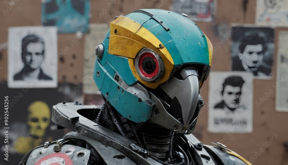 Fototapeta premium Futuristic Parrot-Inspired Robot: Detailed Close-Up of a Colorful Cybernetic Bird Head in Nature Setting