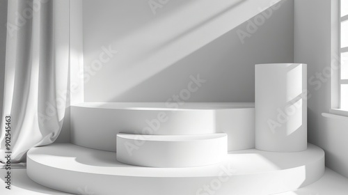 A white room with a curtain and a white pedestal