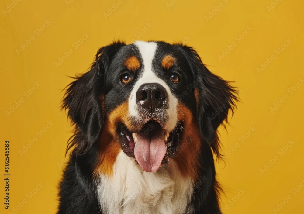 Portrait of a happy Bernese Mountain Dog isolated on yellow background with tongue out and smiling - Generative ai Portrait of a happy Bernese Mountain Dog isolated on yellow background with tongue out and smiling - Generative ai