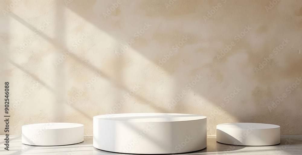 A white pedestal with three round bases is set against a white wall A white pedestal with three round bases is set against a white wall