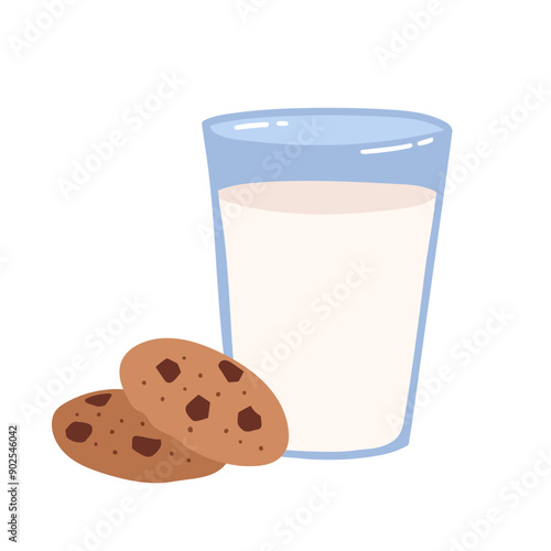 Vector color illustration of glass of milk with cookies