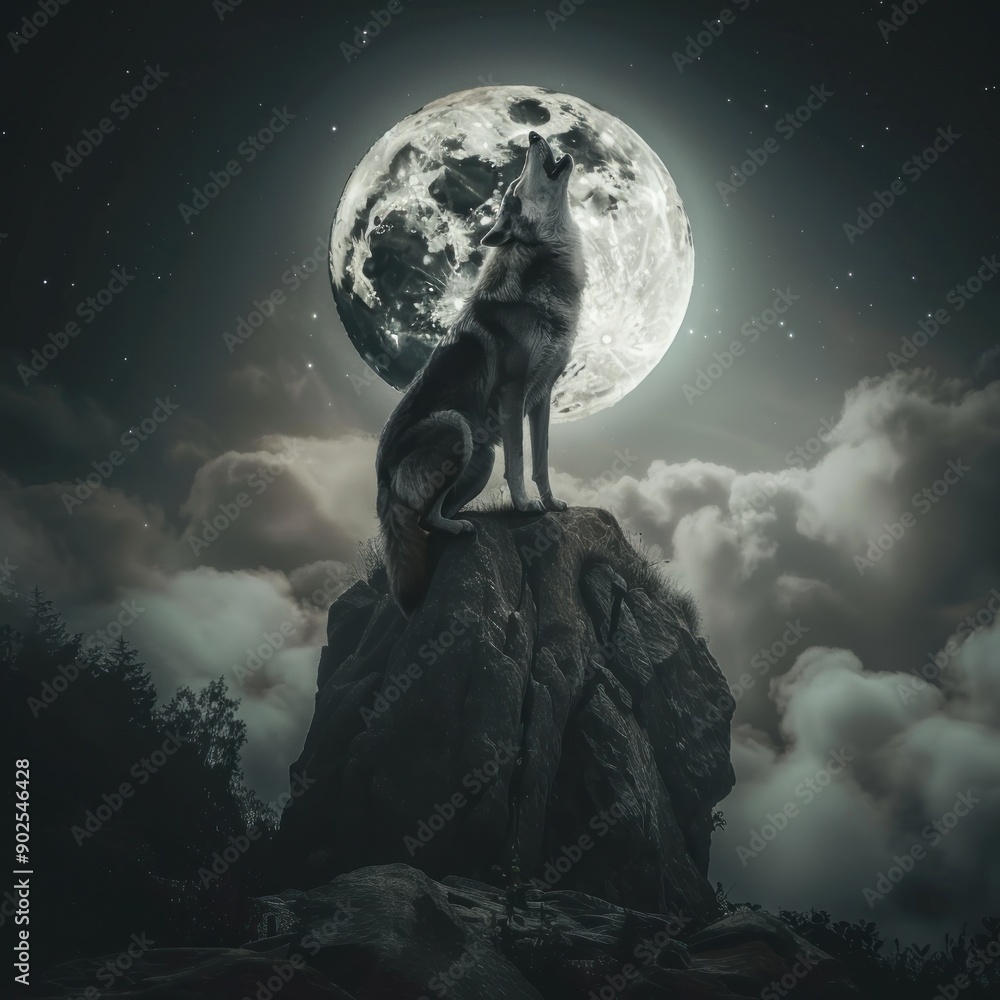 A wolf howling at the full moon atop a mountain peak in a majestic nighttime wilderness scene - Generative ai A wolf howling at the full moon atop a mountain peak in a majestic nighttime wilderness scene - Generative ai