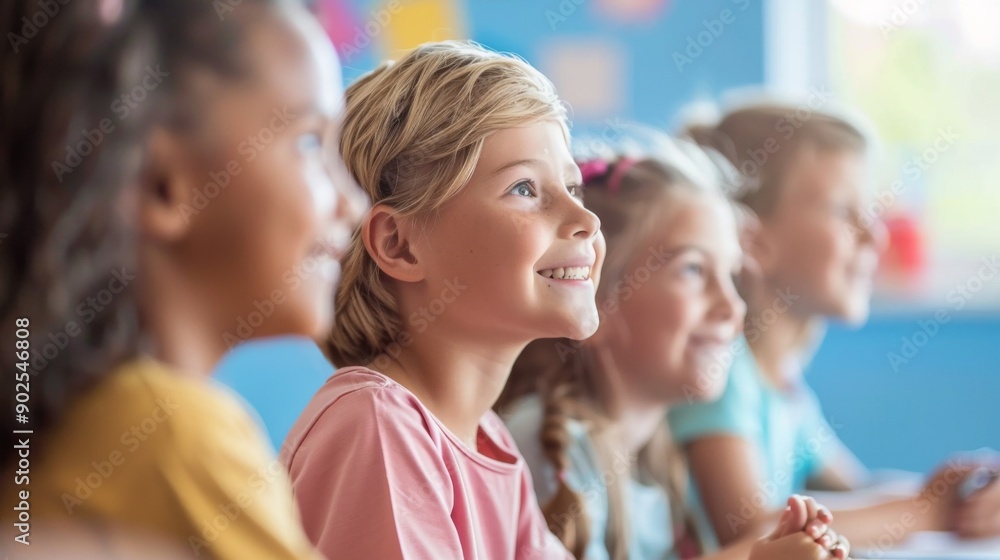 Fototapeta premium Engaged and Happy Children Attentively Participating in a Classroom Lesson, Demonstrating Enthusiasm and Focus in an Educational Setting