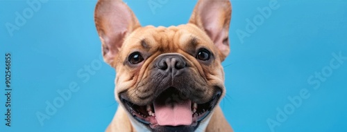 Close-up portrait of a cute happy French Bulldog with its tongue out and ears up against a blue background - Generative ai