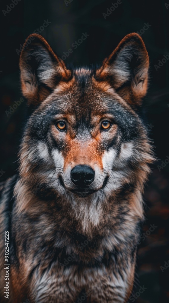 Close-up portrait of a majestic wolf with piercing eyes and detailed fur in a forest setting - Generative ai Close-up portrait of a majestic wolf with piercing eyes and detailed fur in a forest setting - Generative ai