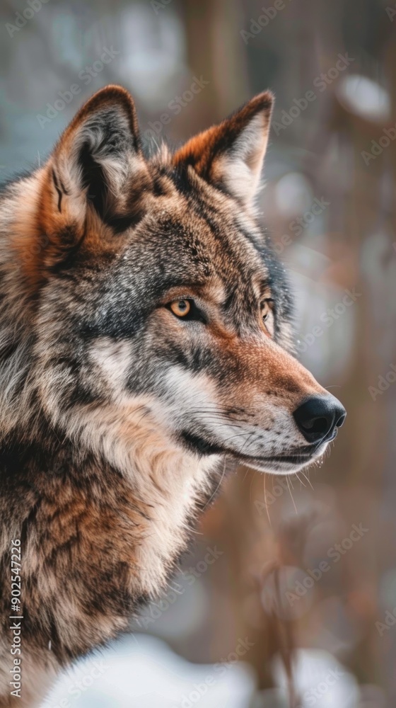Naklejka premium Close-up portrait of a majestic wolf with piercing eyes and detailed fur in a forest setting - Generative ai