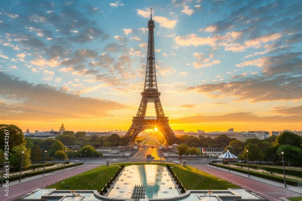 Naklejka premium Gorgeous sunset over the Eiffel Tower showcasing the artistic atmosphere of Paris, highlighting the city's romantic charm and iconic architecture during the golden hour.