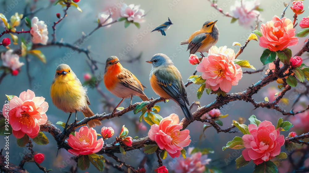 Colorful Bird. Songbird in Cherry Blossoms Colorful Bird. Songbird in Cherry Blossoms