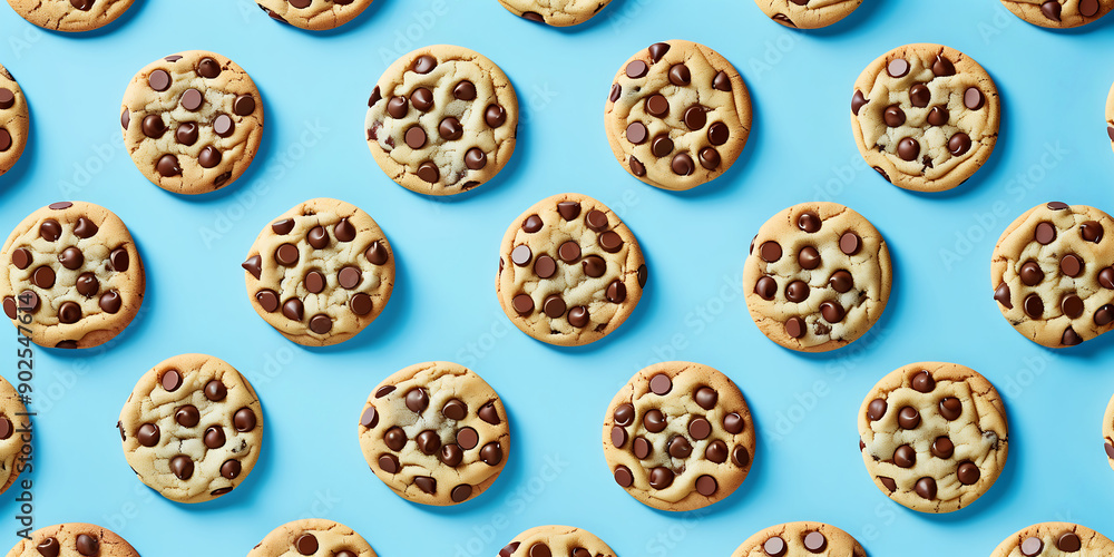 Pattern of chocolate chip cookies on a bright blue background, creating a playful and delicious design Pattern of chocolate chip cookies on a bright blue background, creating a playful and delicious design