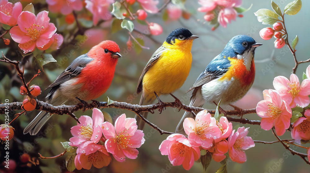 Colorful Bird. Songbird in Cherry Blossoms Colorful Bird. Songbird in Cherry Blossoms