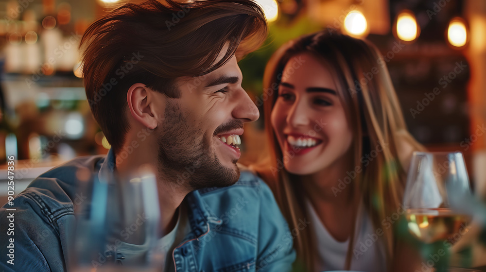 Smiling couple enjoying their time together in a cozy restaurant, warm and intimate setting Smiling couple enjoying their time together in a cozy restaurant, warm and intimate setting