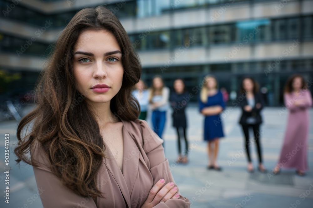 Confident young businesswoman looking at the camera, standing with arms folded in a modern office setting, representing successful female leadership and empowerment in a corporate environment.