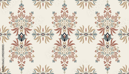 Ikat tribal Indian seamless pattern. Ethnic Aztec fabric carpet mandala ornament native boho chevron textile.Geometric African American oriental traditional vector illustrations. Embroidery style.