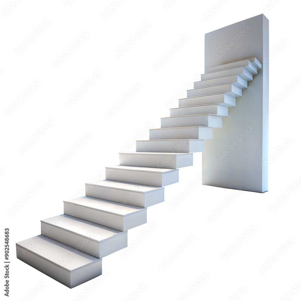 Isolated image of a white staircase ascending into a minimalist, clean background, symbolizing progress Isolated image of a white staircase ascending into a minimalist, clean background, symbolizing progress