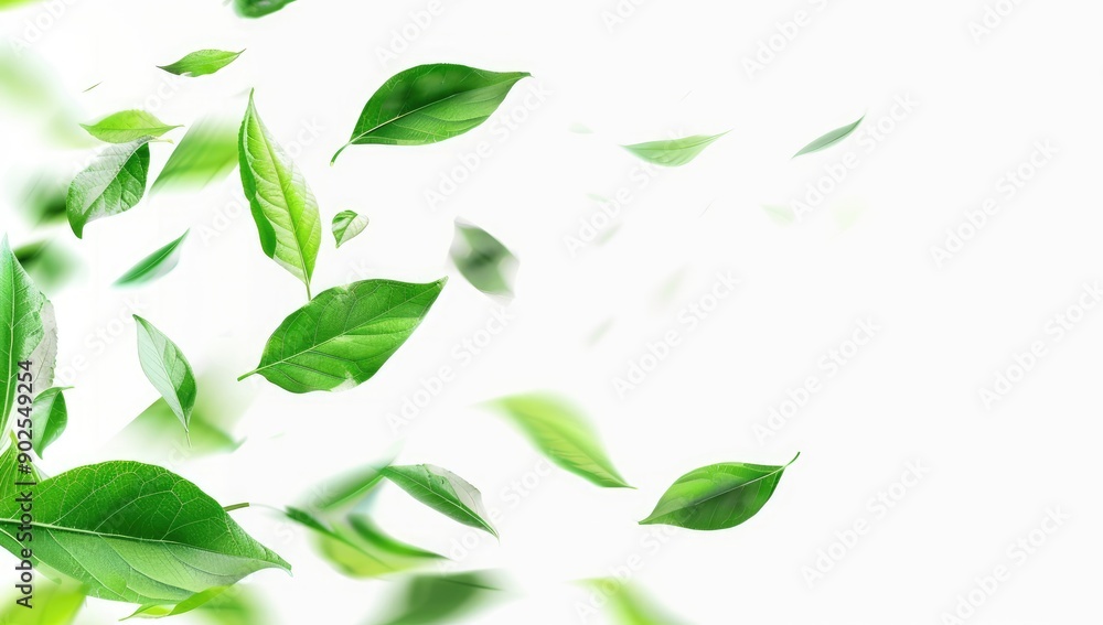 Floating Green Leaves on White Background Floating Green Leaves on White Background